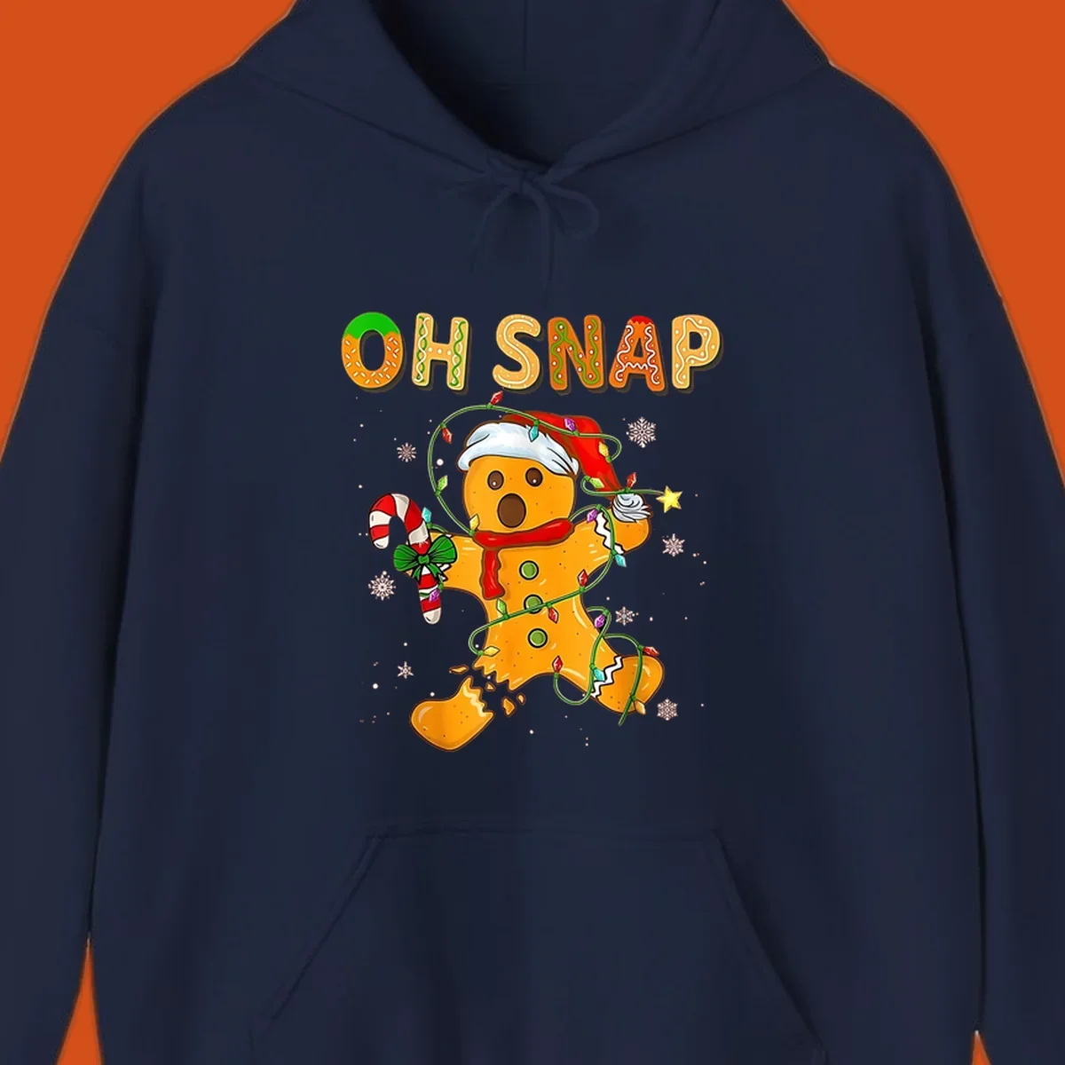 Oh snap gingerbread man tangled in christmas lights broken in half with text, funny holiday design.