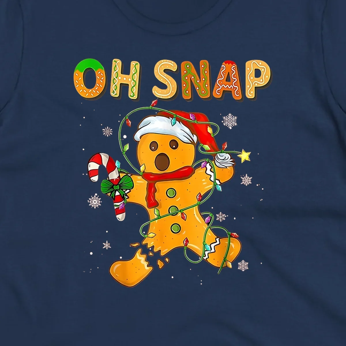Oh snap gingerbread man tangled in christmas lights broken in half with text, funny holiday design.