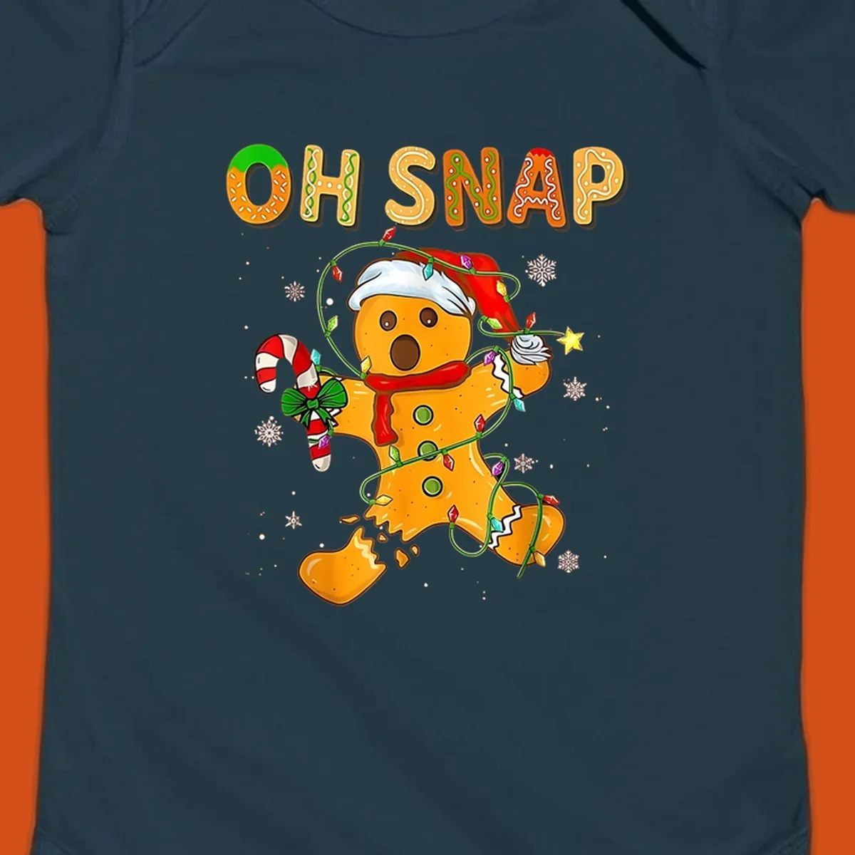 Oh snap gingerbread man tangled in christmas lights broken in half with text, funny holiday design.