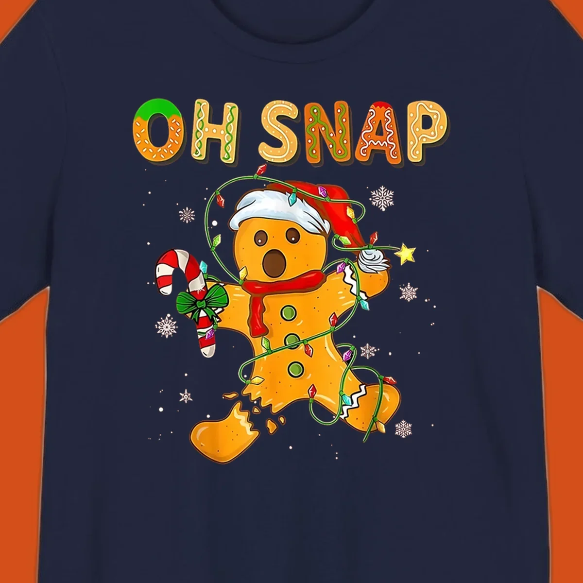 Oh snap gingerbread man tangled in christmas lights broken in half with text, funny holiday design.