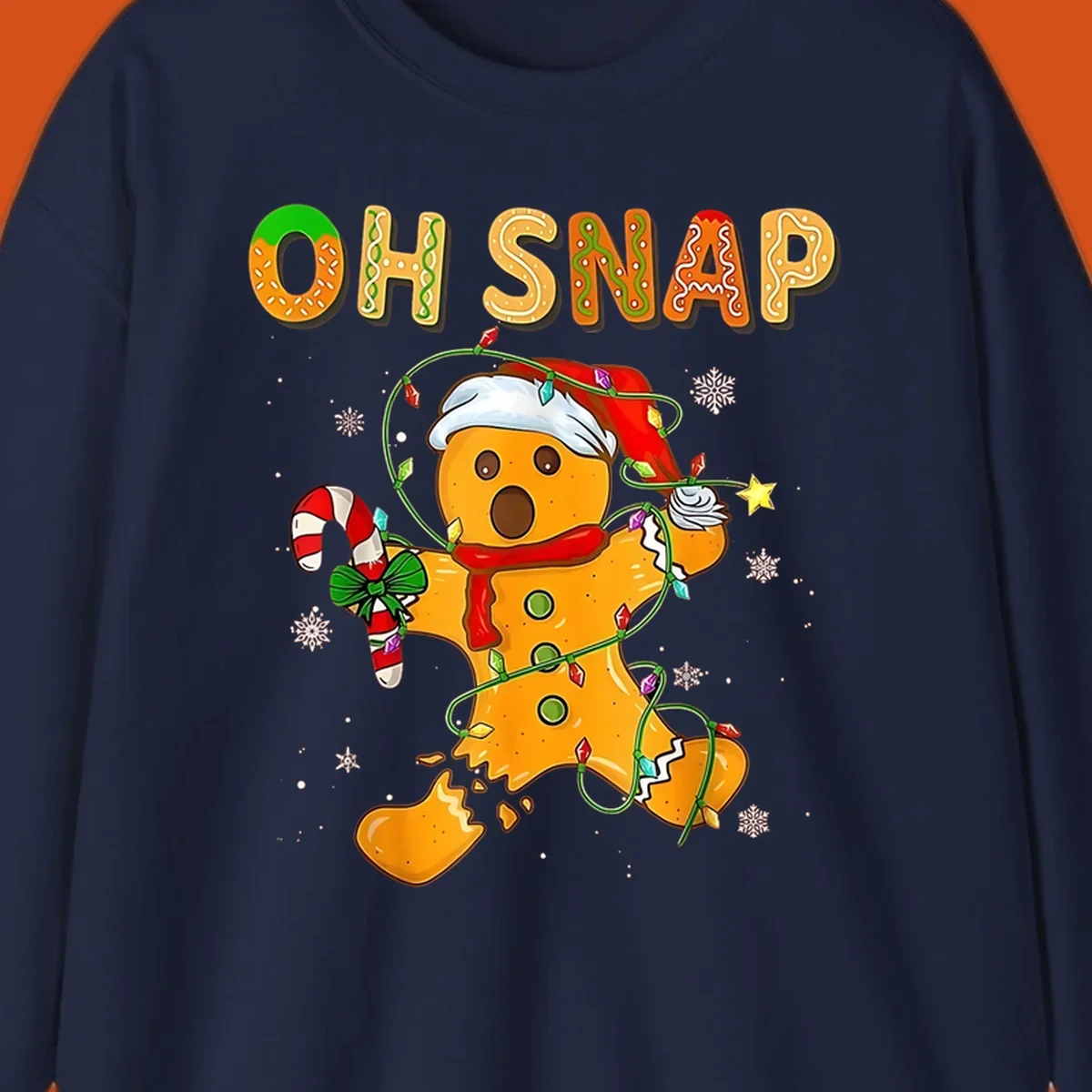 Oh snap gingerbread man tangled in christmas lights broken in half with text, funny holiday design.