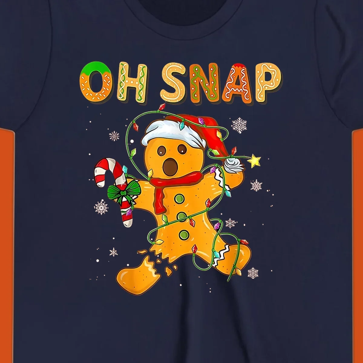 Oh snap gingerbread man tangled in christmas lights broken in half with text, funny holiday design.