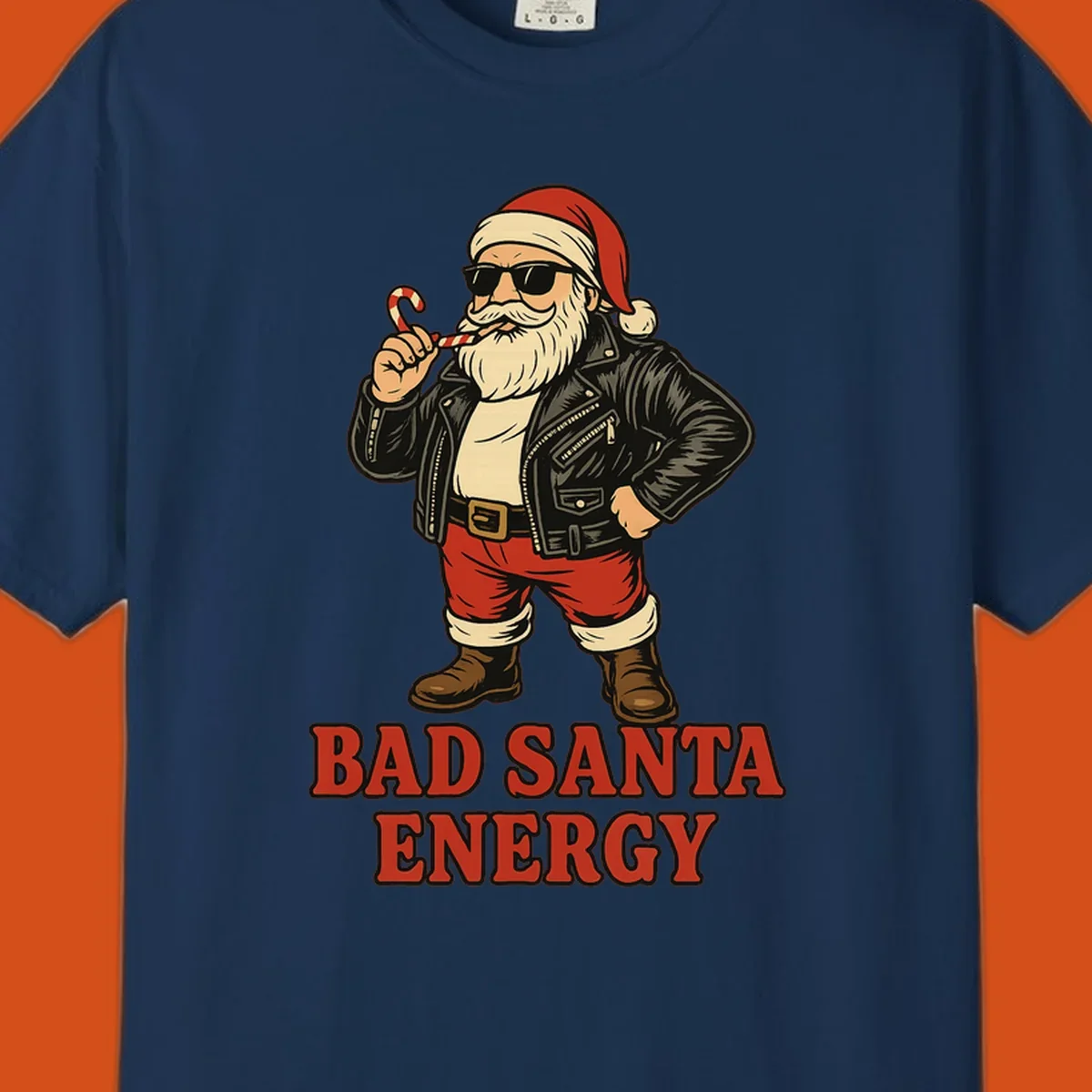 Illustration of a cool, sunglasses-wearing Santa with a leather jacket and the text BAD SANTA ENERGY. Bad Santa Energy.