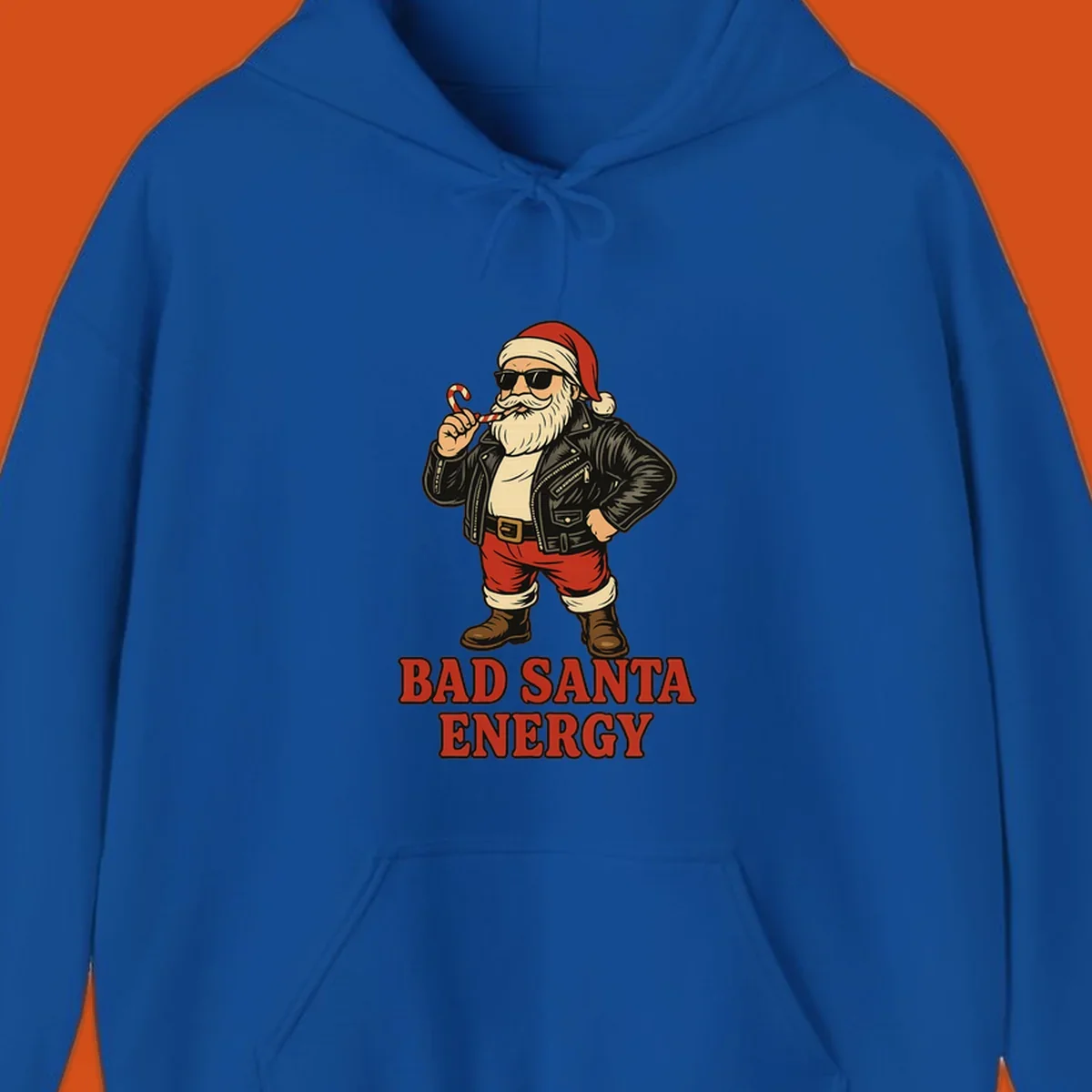 Illustration of a cool, sunglasses-wearing Santa with a leather jacket and the text BAD SANTA ENERGY. Bad Santa Energy.