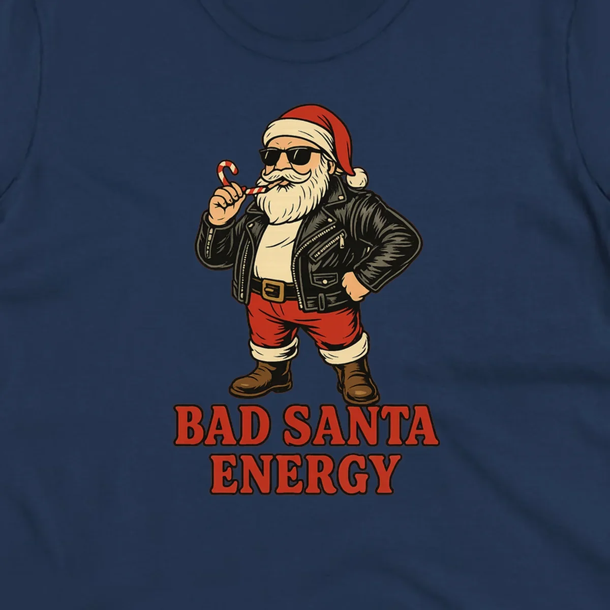Illustration of a cool, sunglasses-wearing Santa with a leather jacket and the text BAD SANTA ENERGY. Bad Santa Energy.