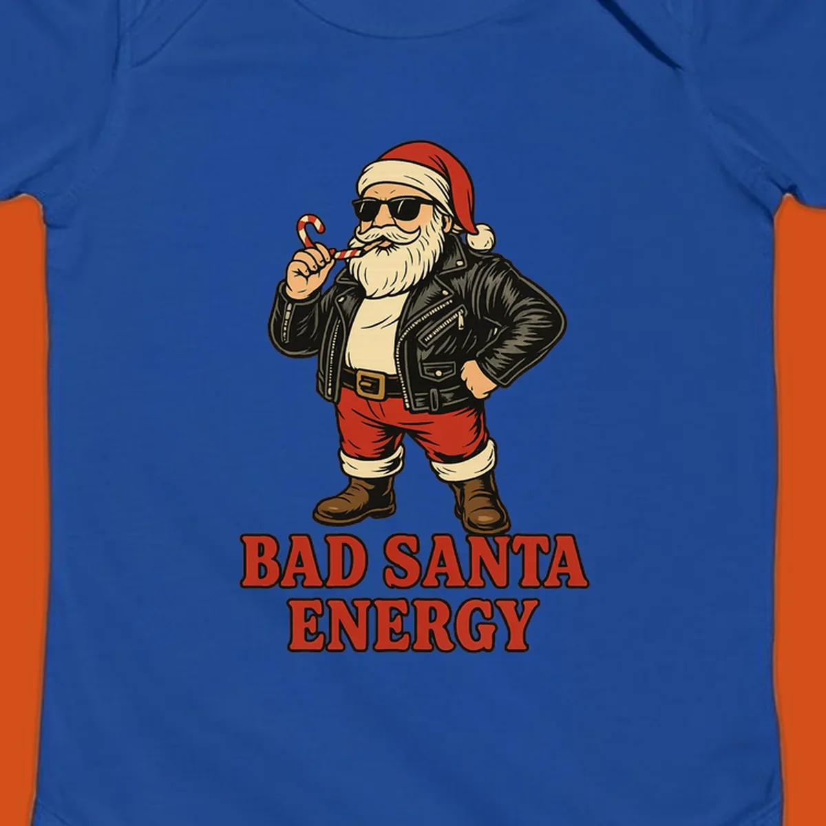 Illustration of a cool, sunglasses-wearing Santa with a leather jacket and the text BAD SANTA ENERGY. Bad Santa Energy.