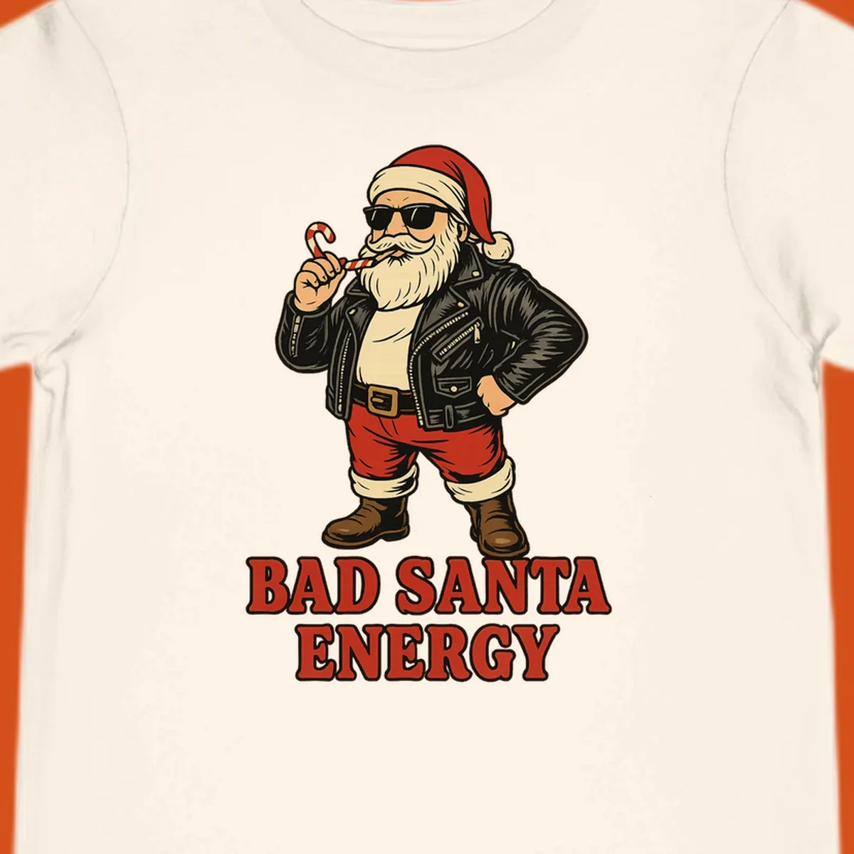 Illustration of a cool, sunglasses-wearing Santa with a leather jacket and the text BAD SANTA ENERGY. Bad Santa Energy.