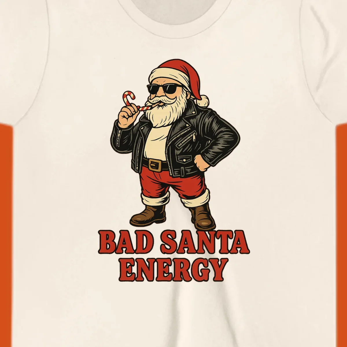 Illustration of a cool, sunglasses-wearing Santa with a leather jacket and the text BAD SANTA ENERGY. Bad Santa Energy.