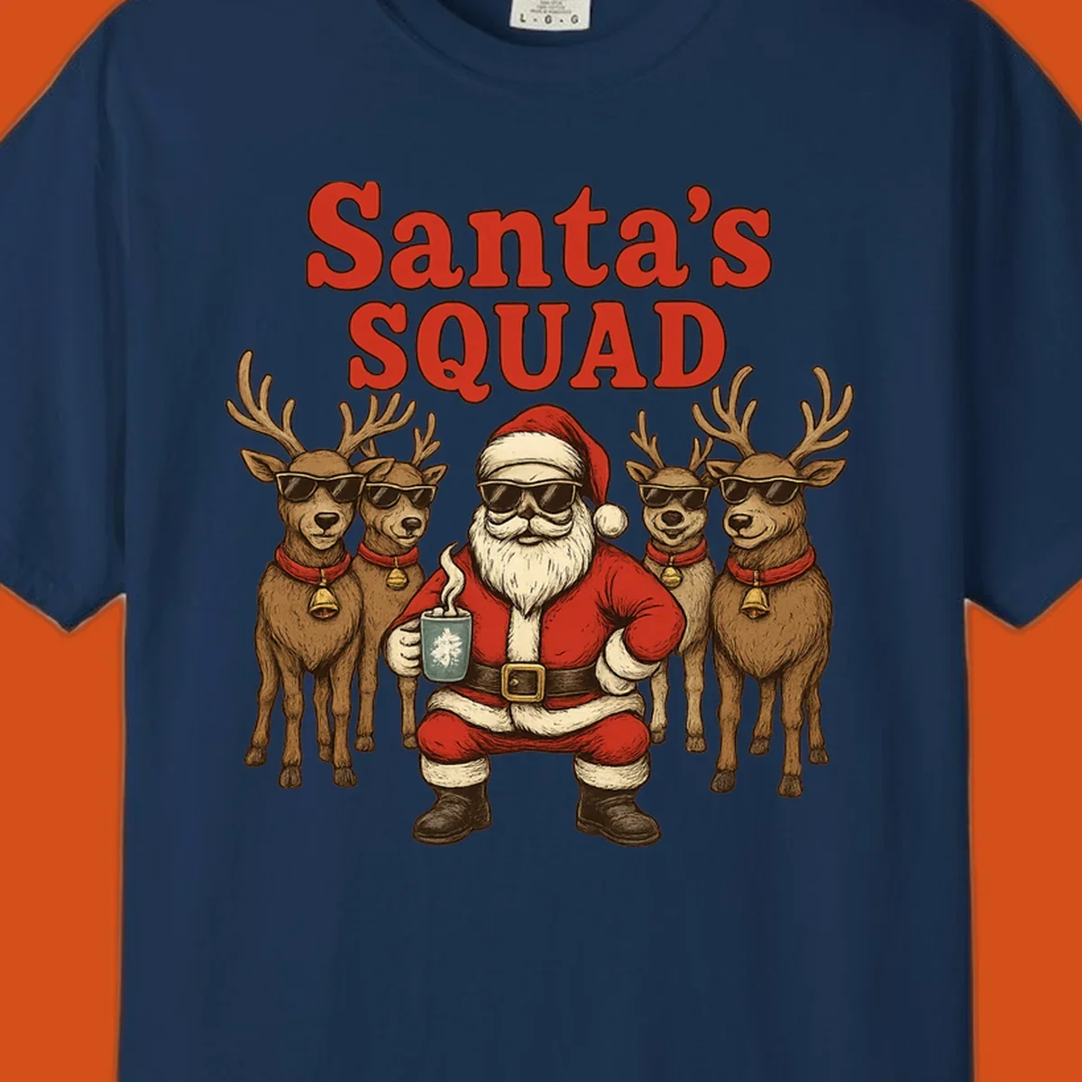 Santa's Squad cool Christmas graphic with Santa and reindeer wearing sunglasses.