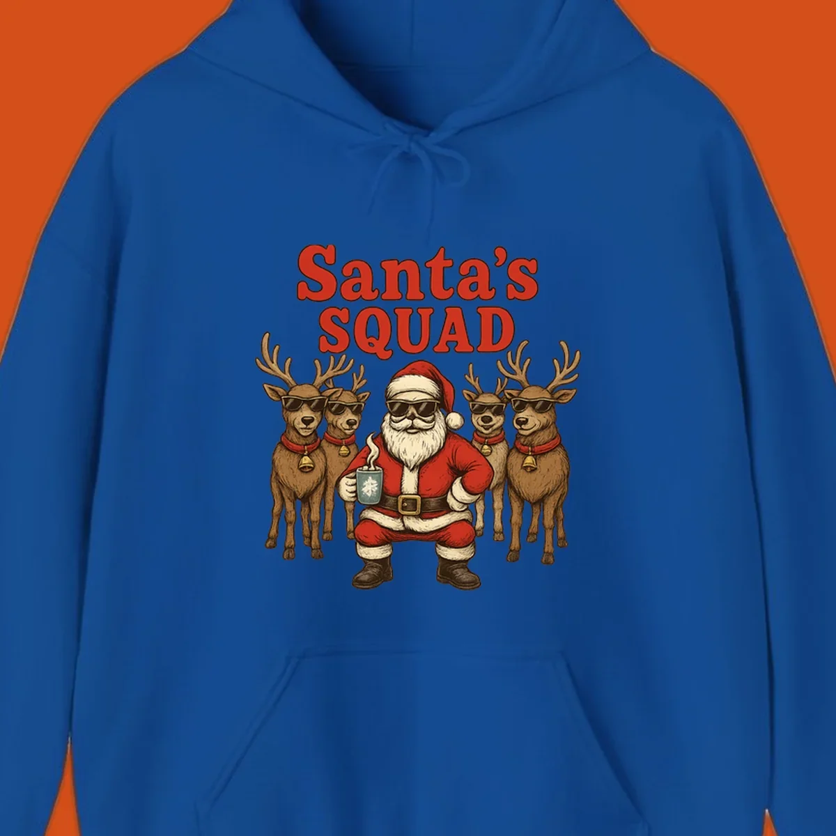 Santa's Squad cool Christmas graphic with Santa and reindeer wearing sunglasses.