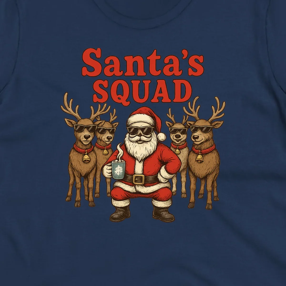 Santa's Squad cool Christmas graphic with Santa and reindeer wearing sunglasses.