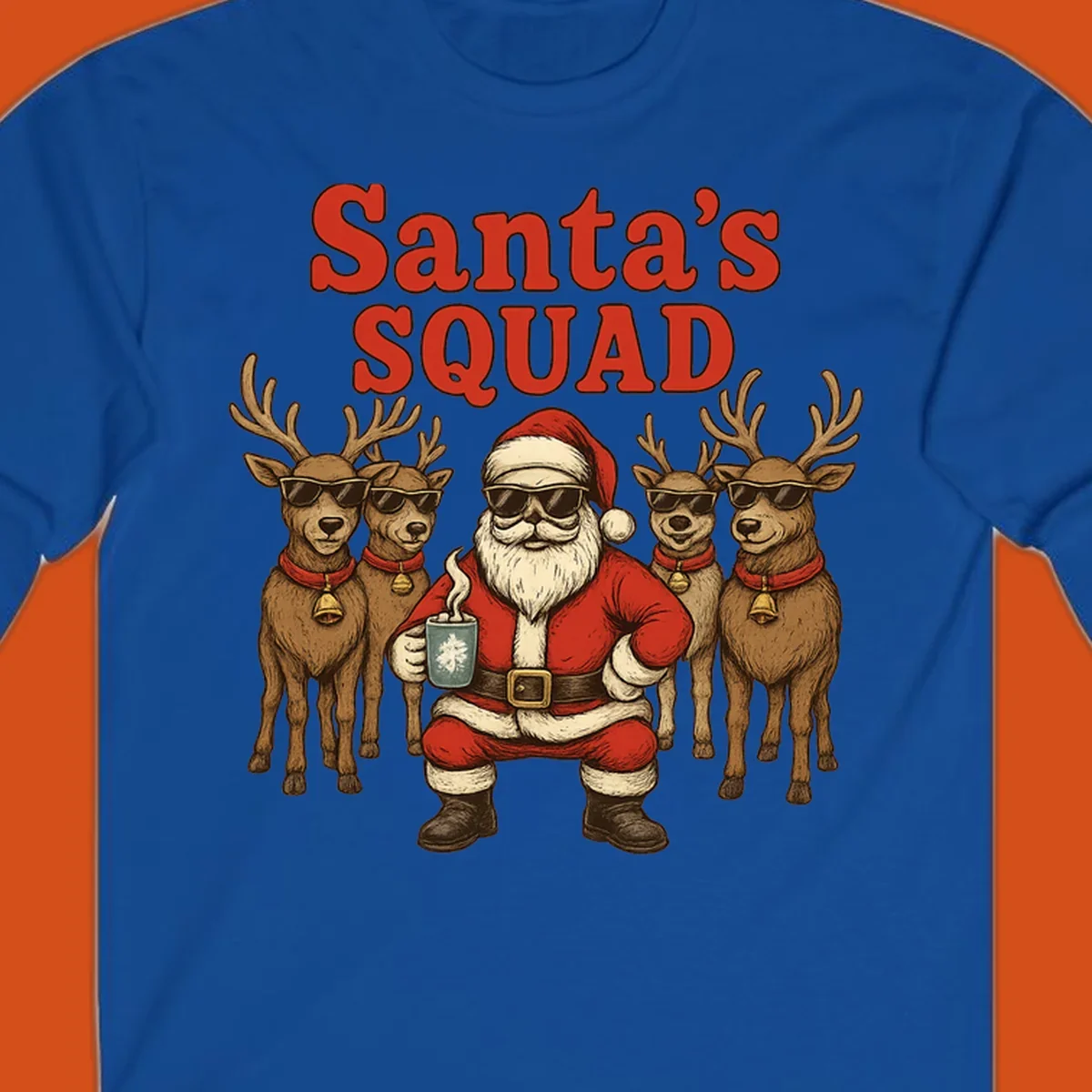 Santa's Squad cool Christmas graphic with Santa and reindeer wearing sunglasses.