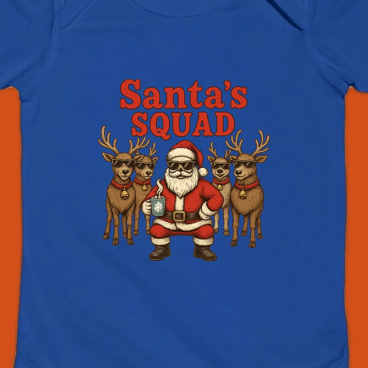 Santa's Squad cool Christmas graphic with Santa and reindeer wearing sunglasses.