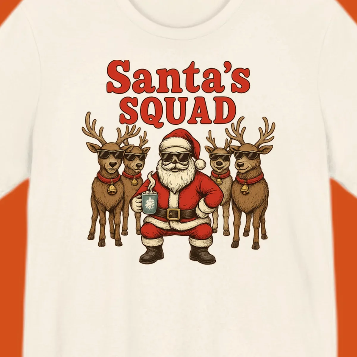Santa's Squad cool Christmas graphic with Santa and reindeer wearing sunglasses.