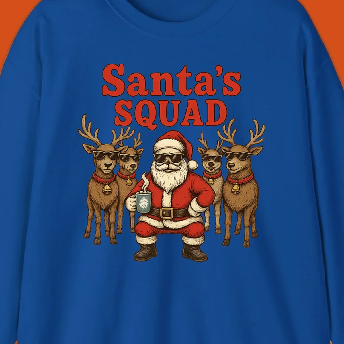 Santa's Squad cool Christmas graphic with Santa and reindeer wearing sunglasses.