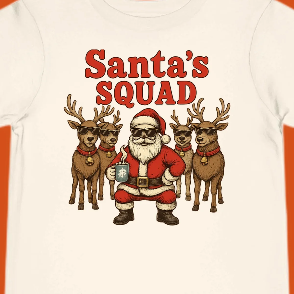 Santa's Squad cool Christmas graphic with Santa and reindeer wearing sunglasses.