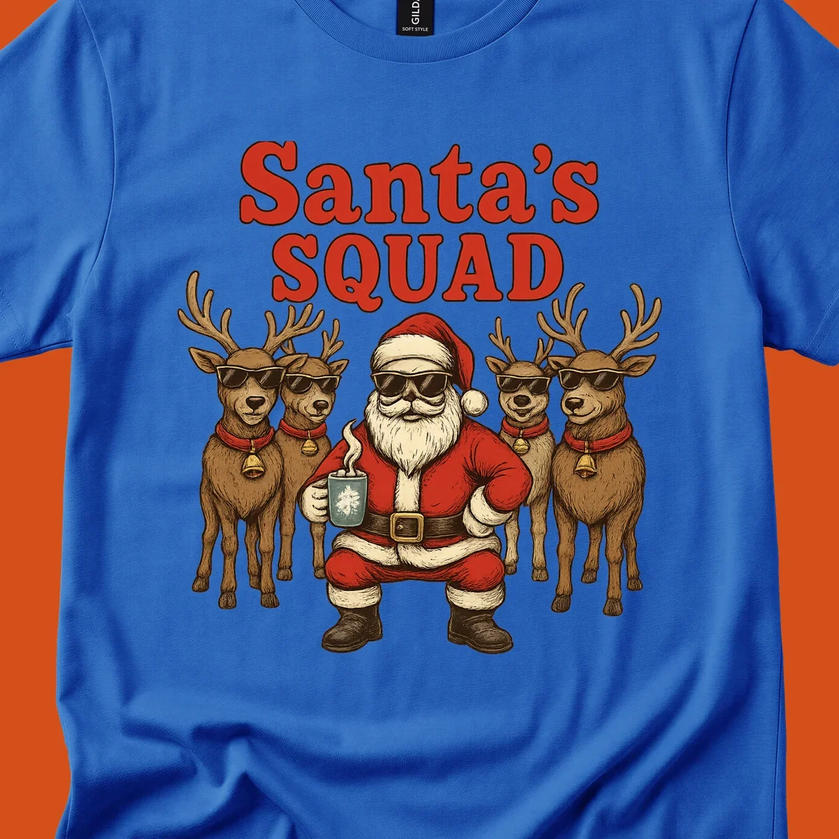 Santa's Squad cool Christmas graphic with Santa and reindeer wearing sunglasses.