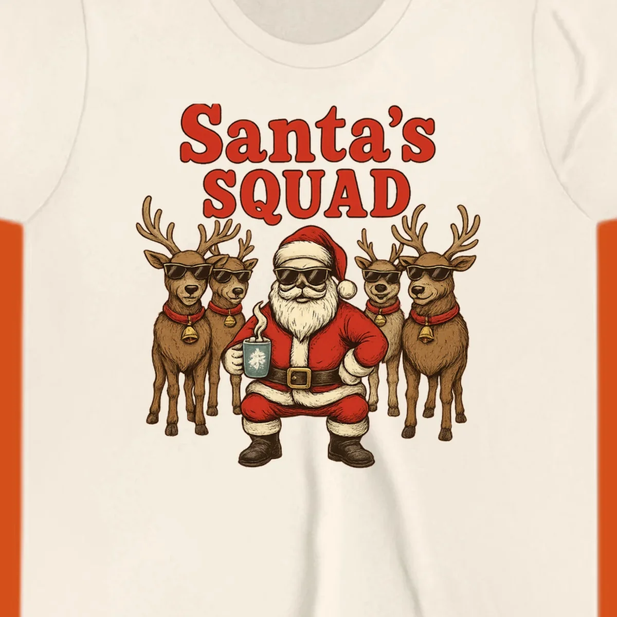 Santa's Squad cool Christmas graphic with Santa and reindeer wearing sunglasses.