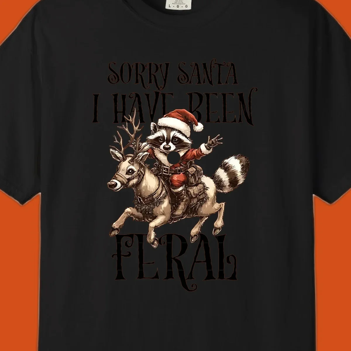 Feral raccoon in Santa hat riding reindeer, with text sorry santa i have been feral.