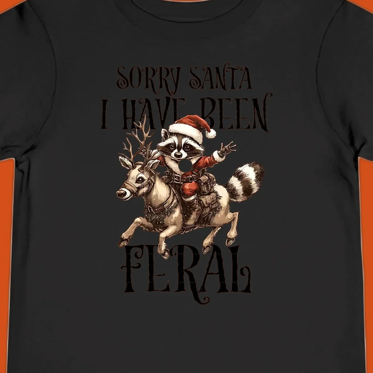 Feral raccoon in Santa hat riding reindeer, with text sorry santa i have been feral.