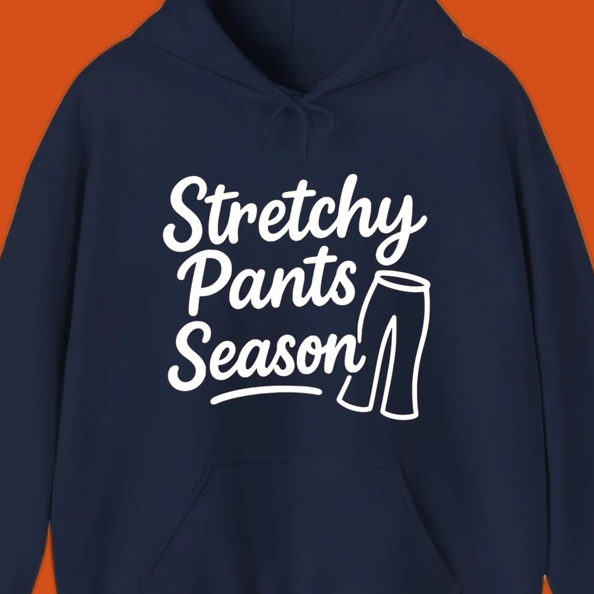 Stretchy Pants Season typography with pants illustration on dark background.