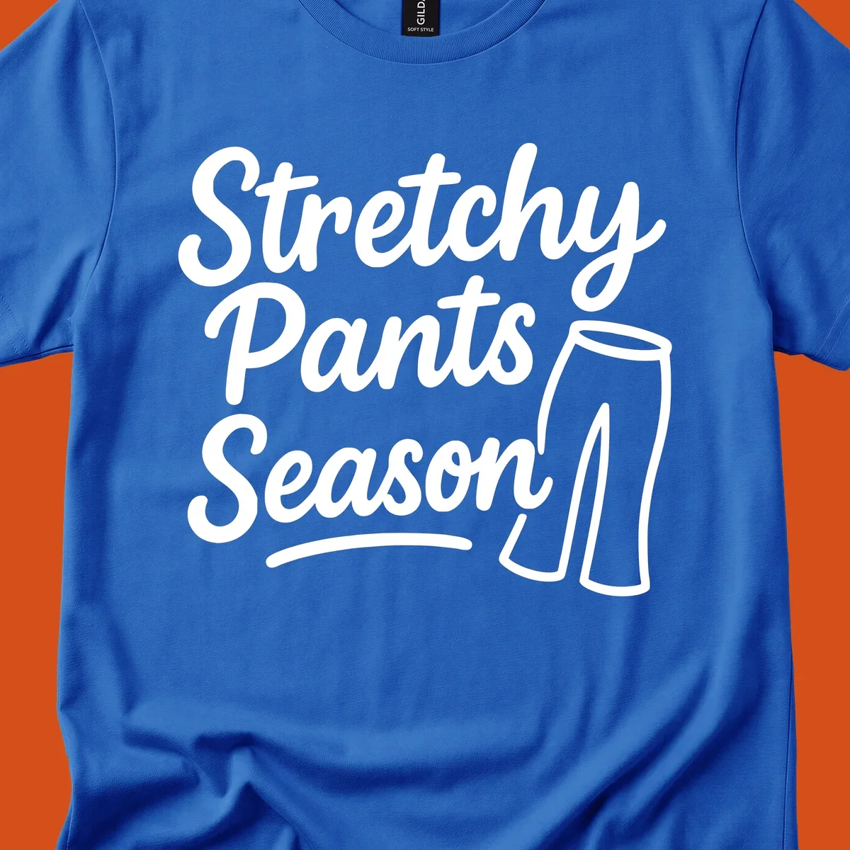 Stretchy Pants Season typography with pants illustration on dark background.