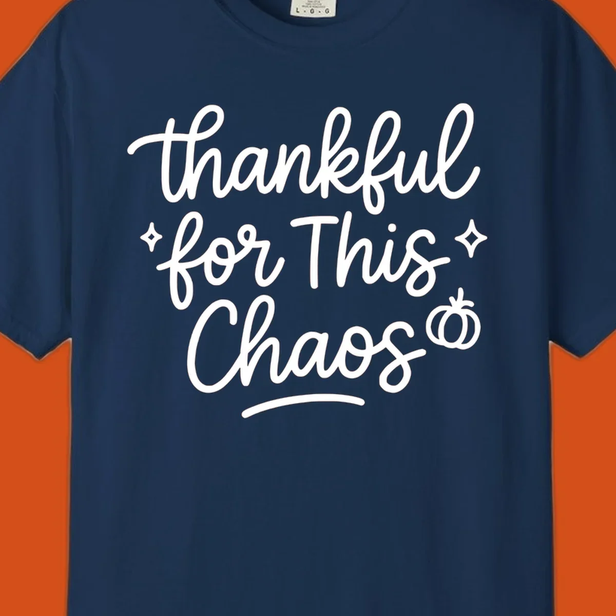 White script text 'thankful for This Chaos' with sparkles and a pumpkin on a black background.