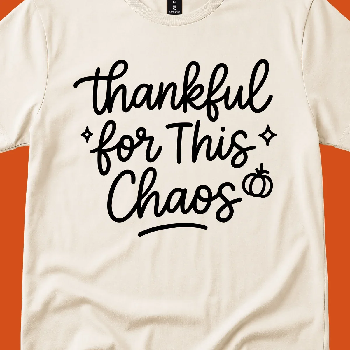 White script text 'thankful for This Chaos' with sparkles and a pumpkin on a black background.