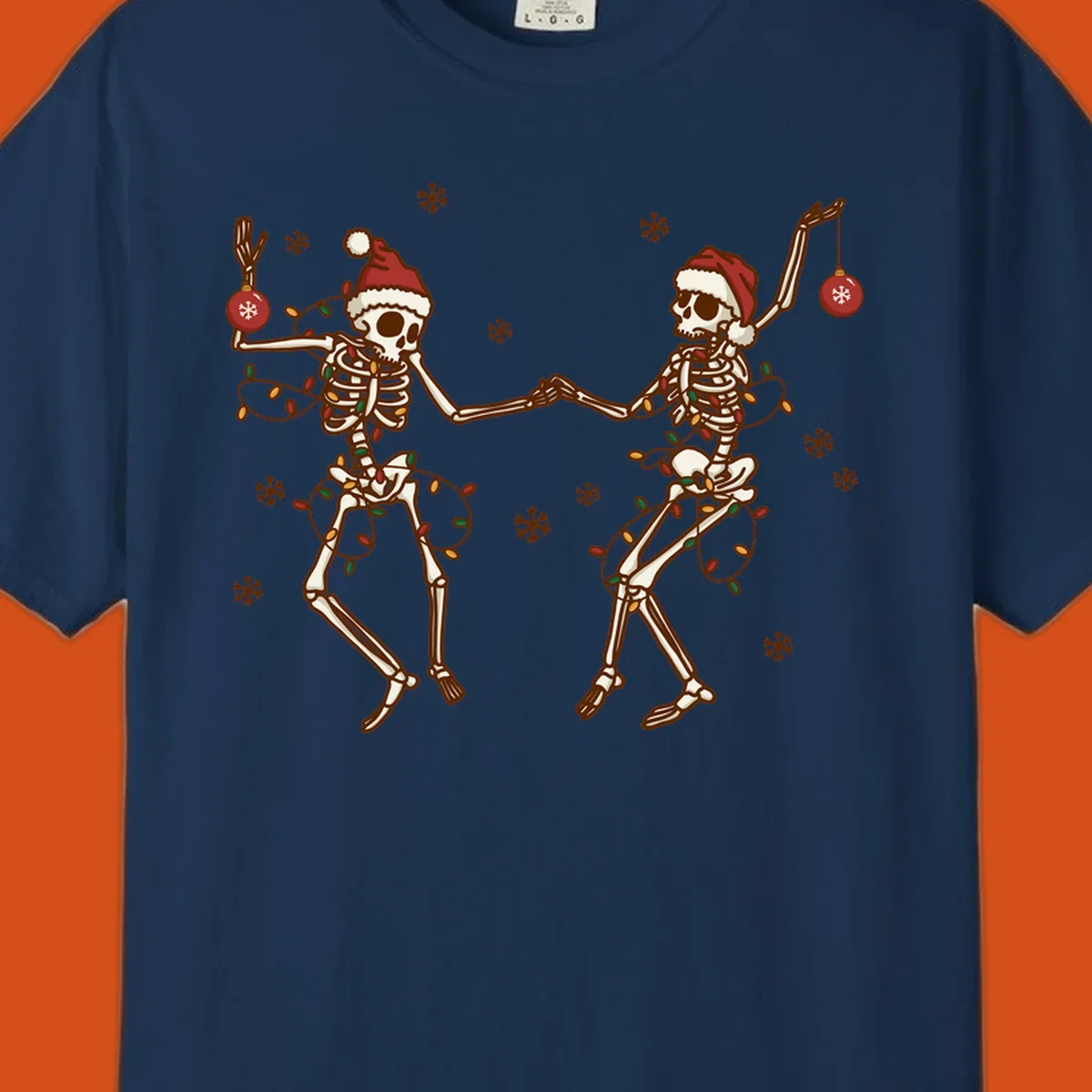 Two skeletons in Santa hats dancing with Christmas lights. Skeleton Christmas party.