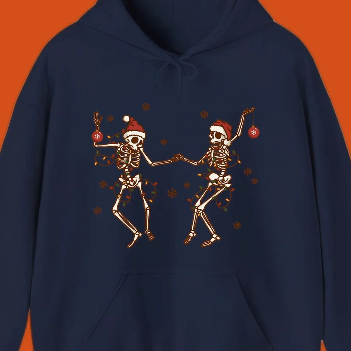 Two skeletons in Santa hats dancing with Christmas lights. Skeleton Christmas party.