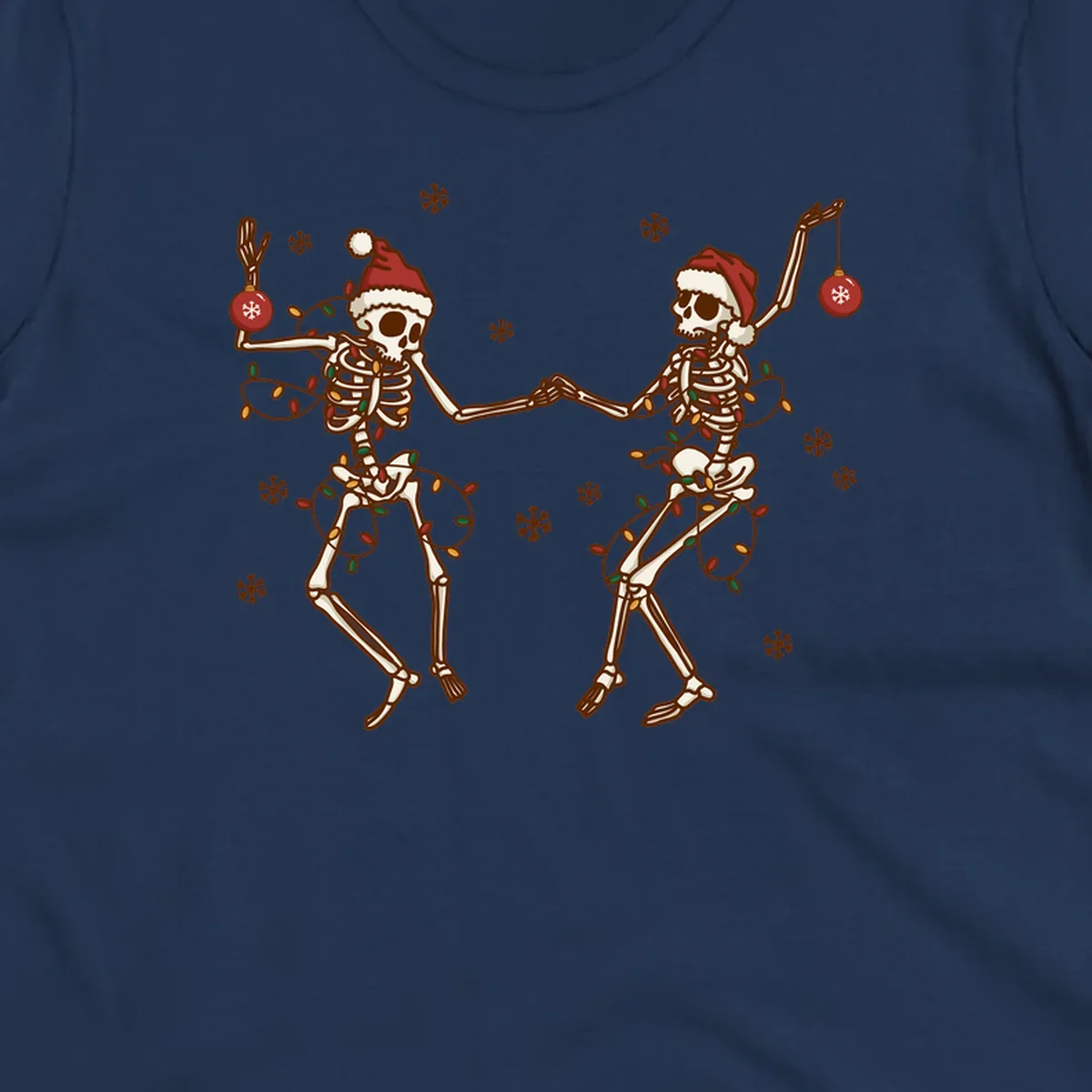 Two skeletons in Santa hats dancing with Christmas lights. Skeleton Christmas party.