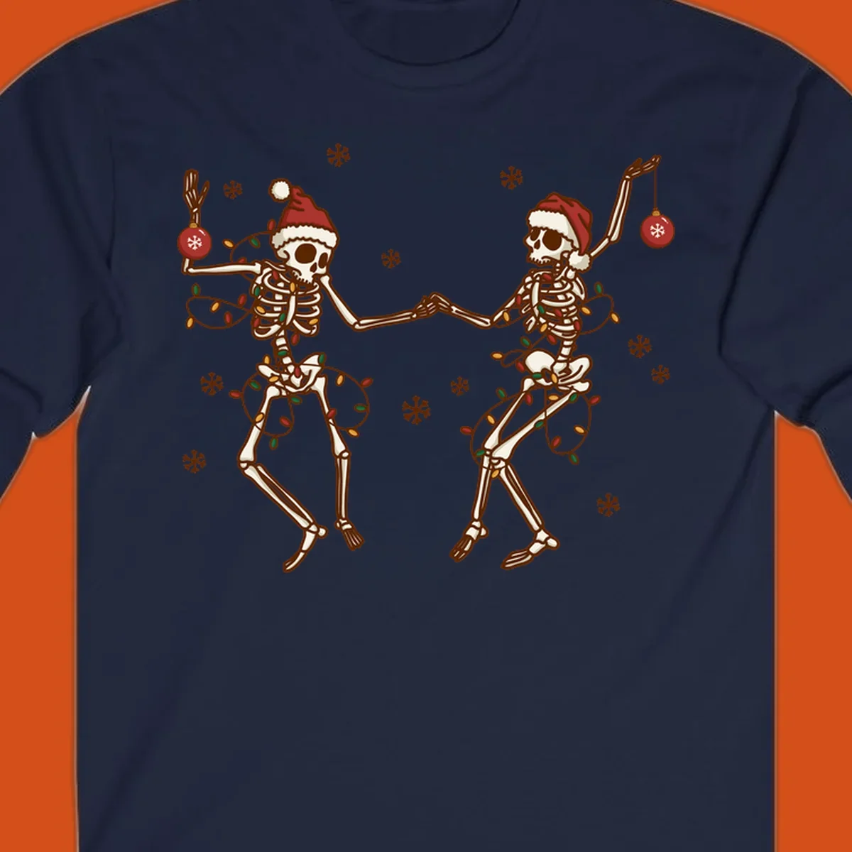 Two skeletons in Santa hats dancing with Christmas lights. Skeleton Christmas party.
