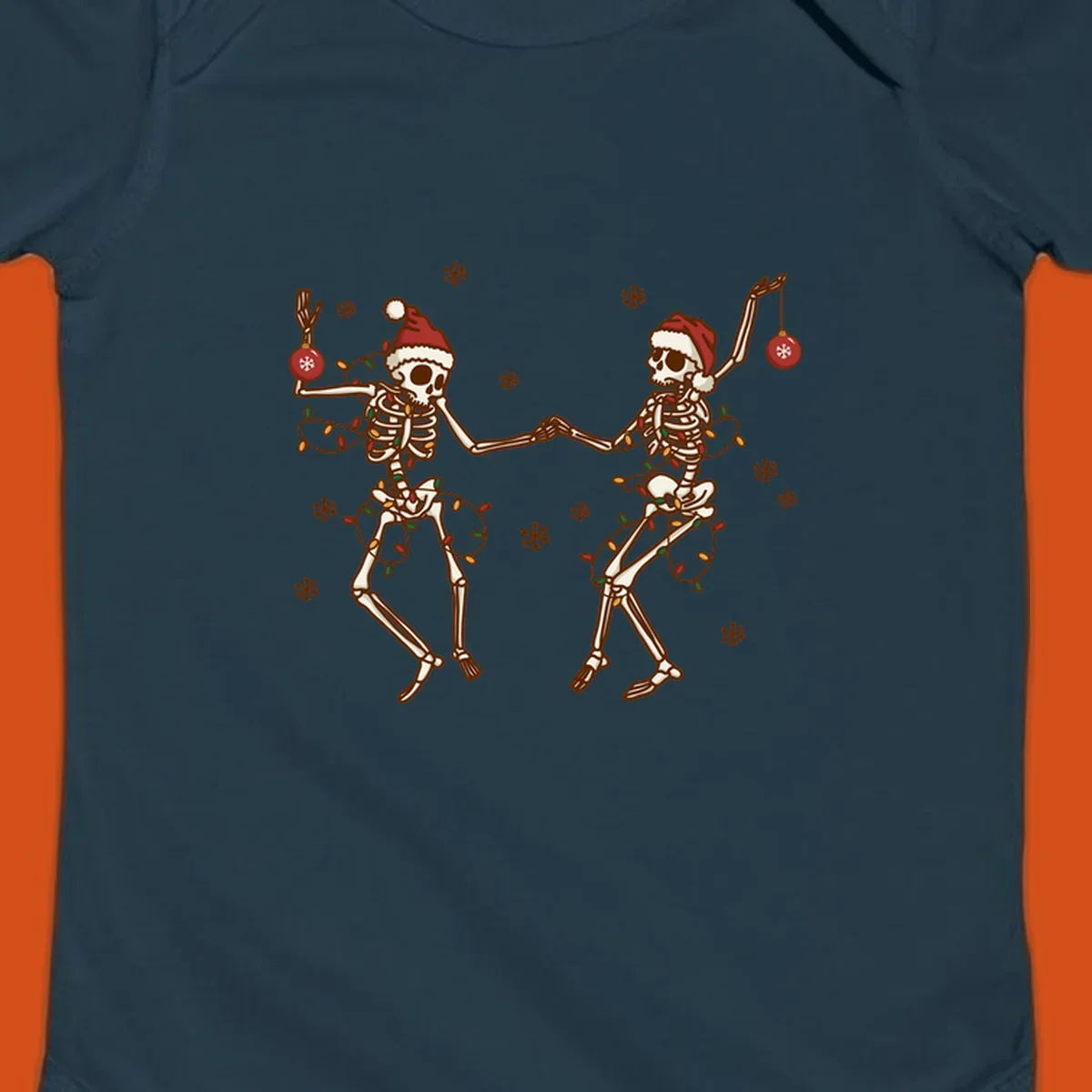 Two skeletons in Santa hats dancing with Christmas lights. Skeleton Christmas party.