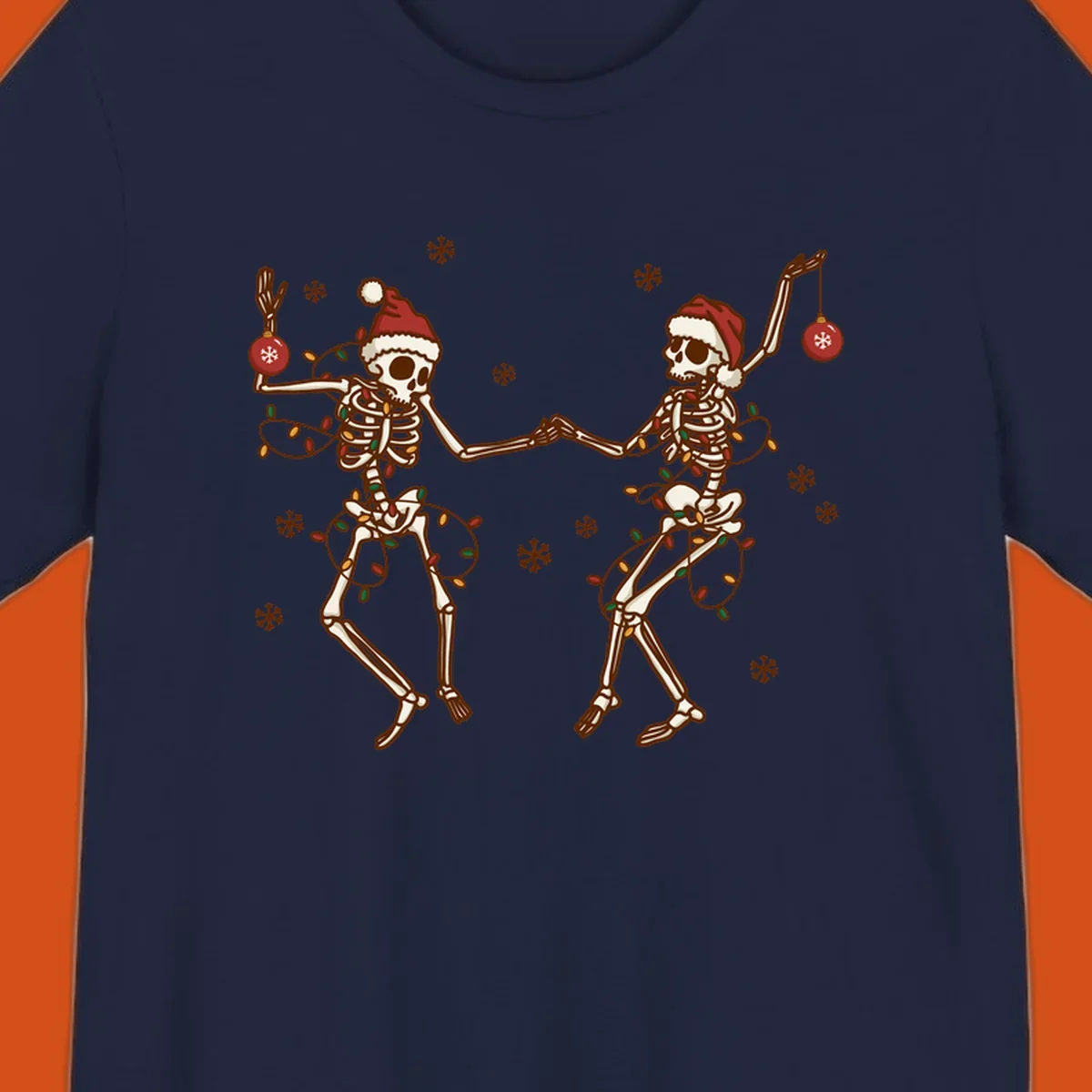 Two skeletons in Santa hats dancing with Christmas lights. Skeleton Christmas party.