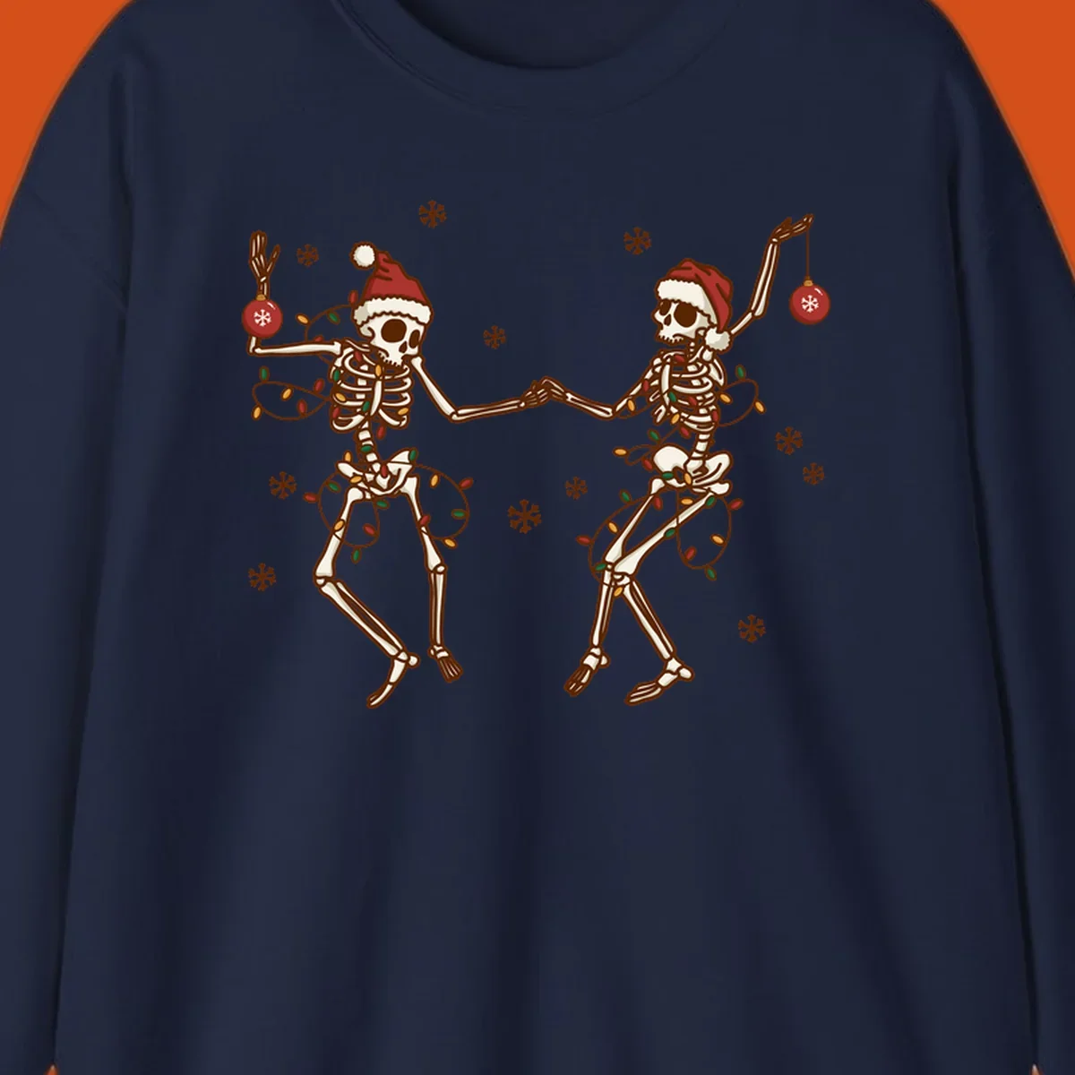 Two skeletons in Santa hats dancing with Christmas lights. Skeleton Christmas party.