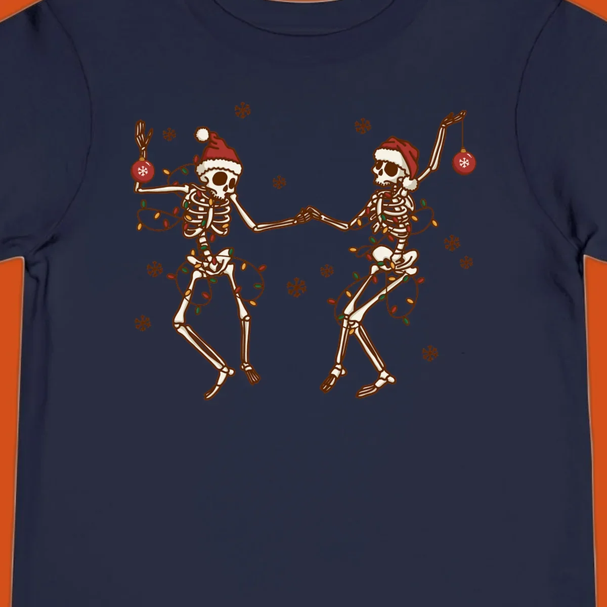 Two skeletons in Santa hats dancing with Christmas lights. Skeleton Christmas party.