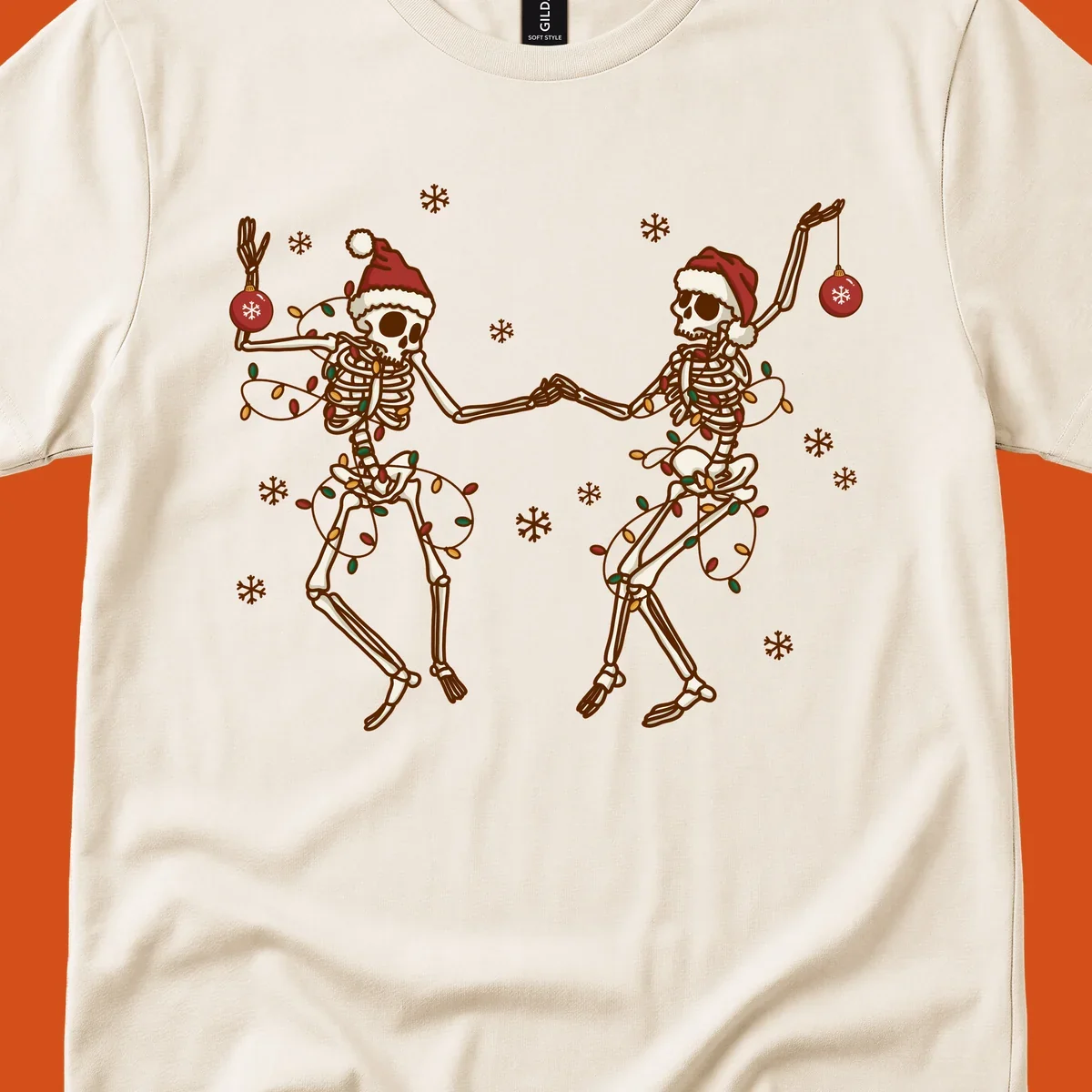 Two skeletons in Santa hats dancing with Christmas lights. Skeleton Christmas party.