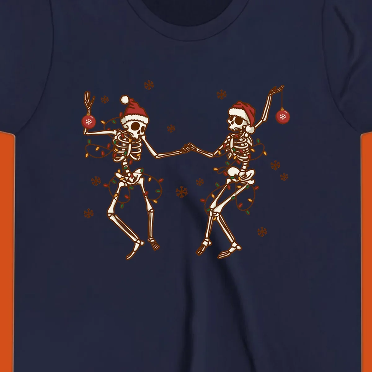 Two skeletons in Santa hats dancing with Christmas lights. Skeleton Christmas party.