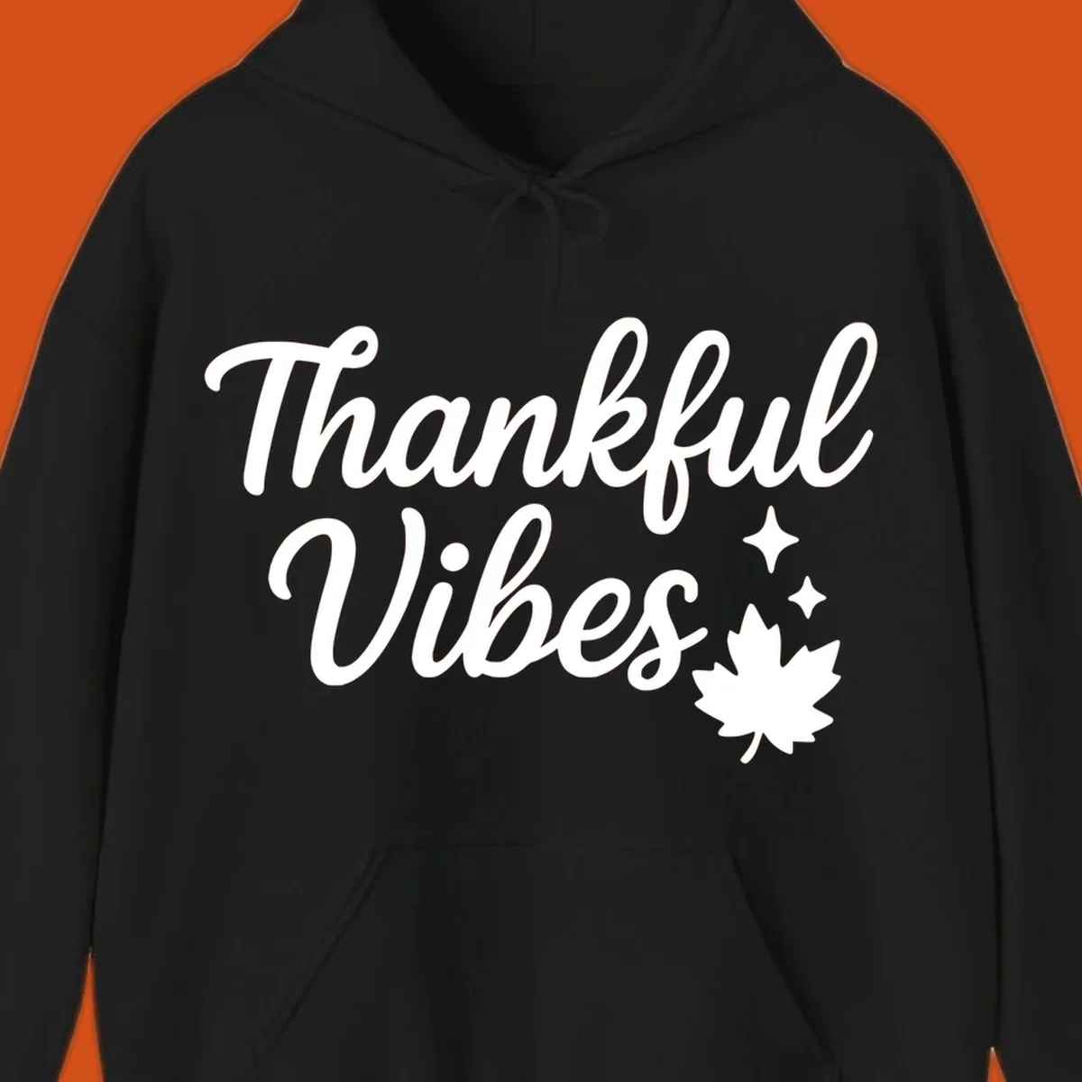 Thankful Vibes text with fall maple leaf and sparkles graphic.