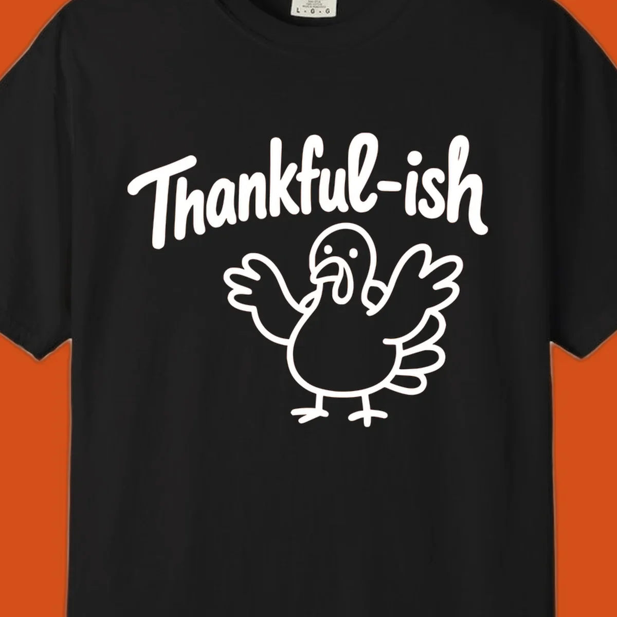 Thankful-ish text and cartoon turkey illustration, thanksgiving holiday design