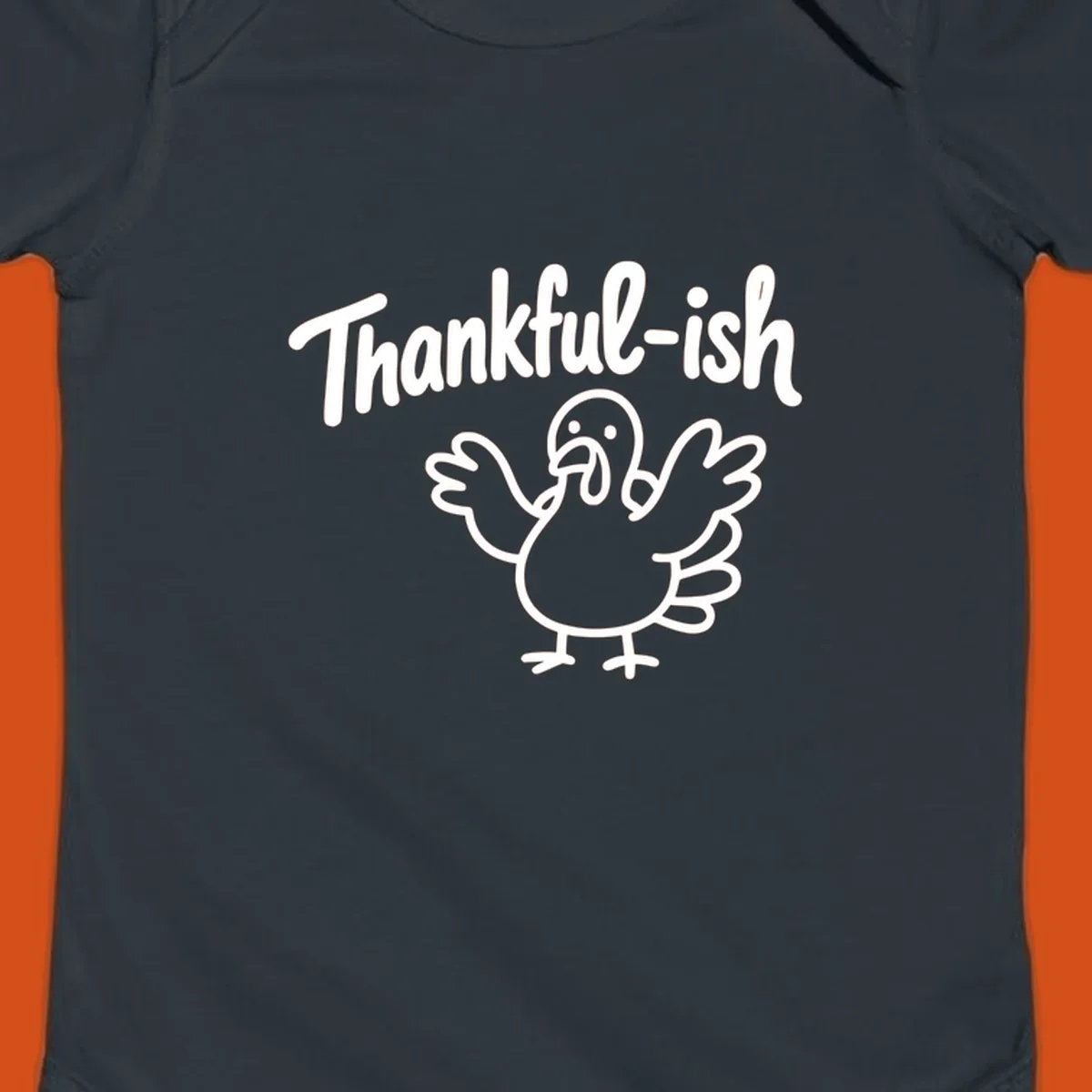 Thankful-ish text and cartoon turkey illustration, thanksgiving holiday design
