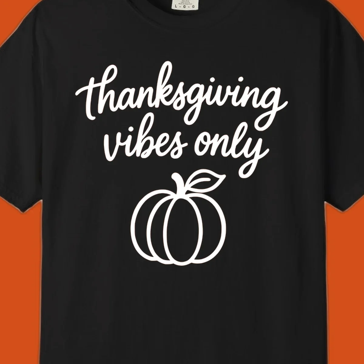 Thanksgiving vibes only text with a pumpkin graphic. Thanksgiving-vibes-only.