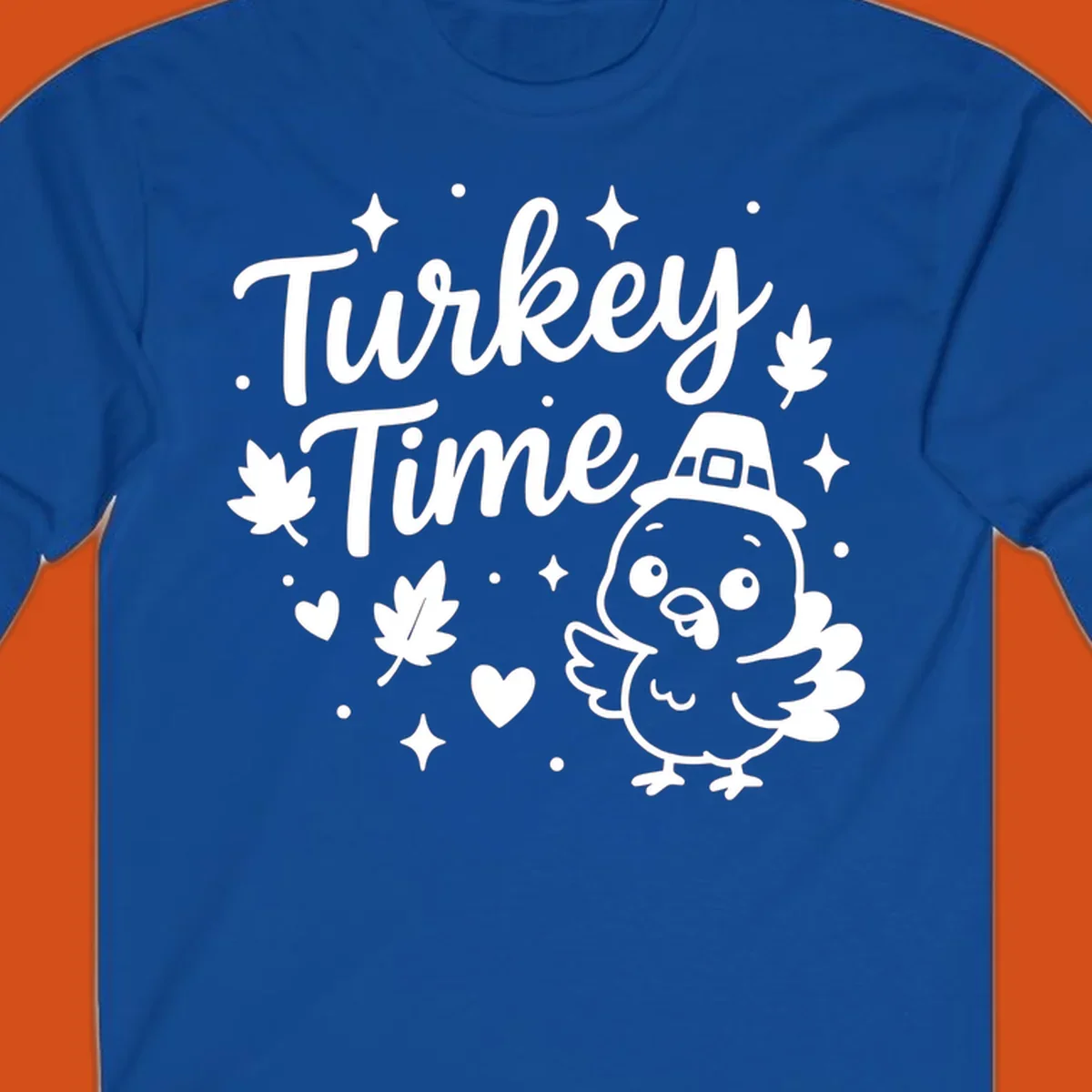 Cute turkey time thanksgiving design with a pilgrim turkey and fall elements.