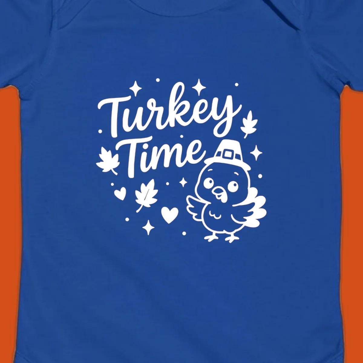 Cute turkey time thanksgiving design with a pilgrim turkey and fall elements.
