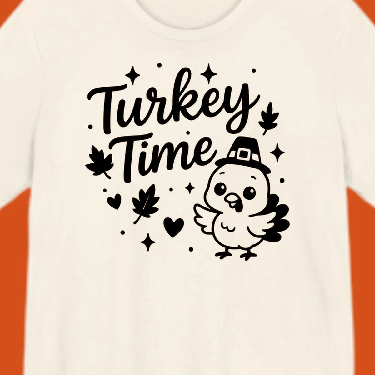 Cute turkey time thanksgiving design with a pilgrim turkey and fall elements.