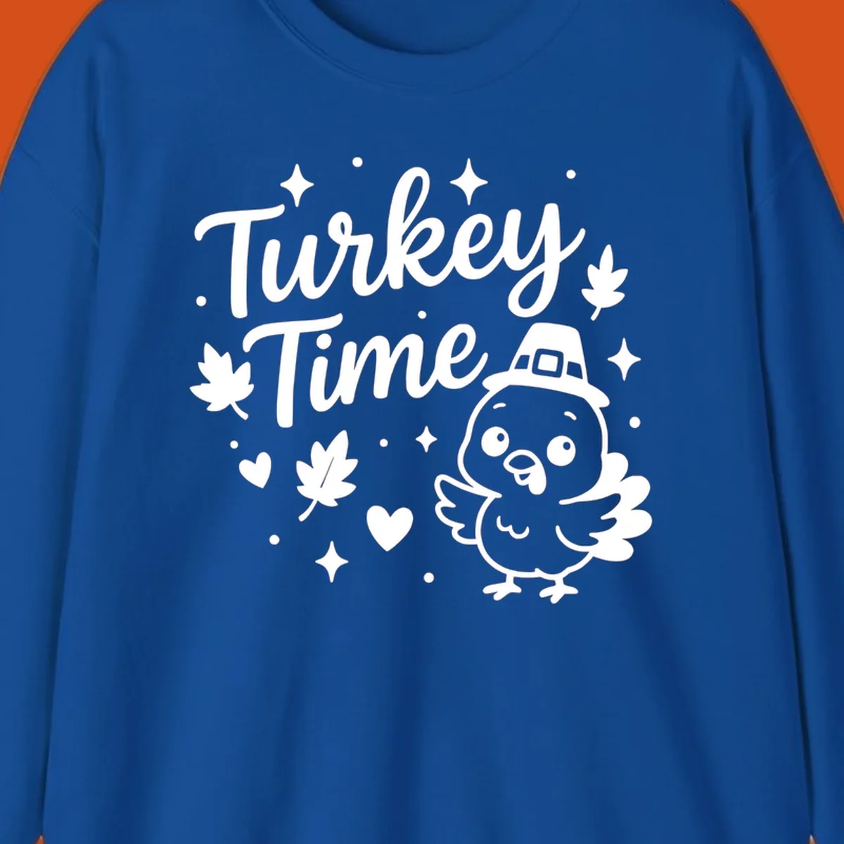Cute turkey time thanksgiving design with a pilgrim turkey and fall elements.