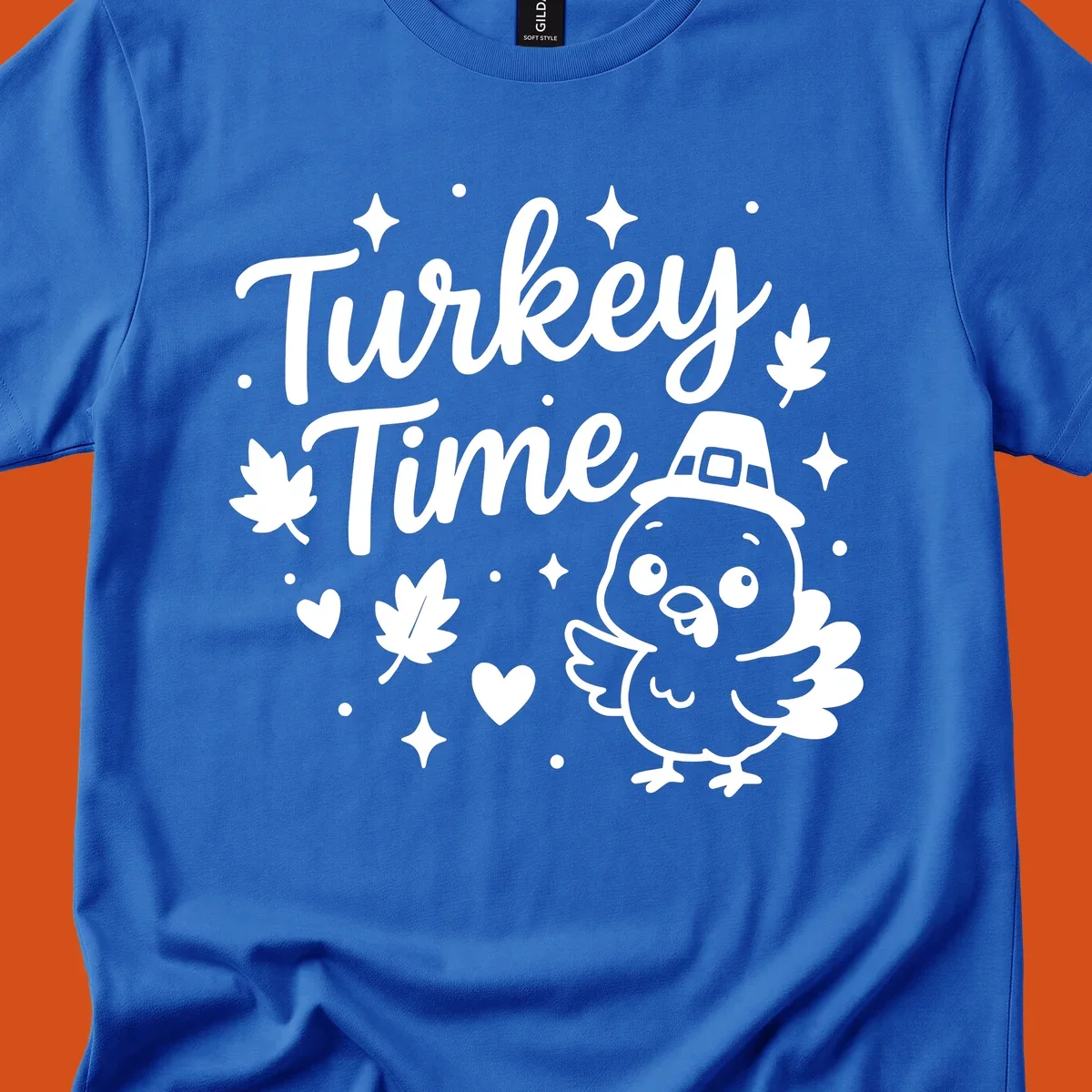 Cute turkey time thanksgiving design with a pilgrim turkey and fall elements.