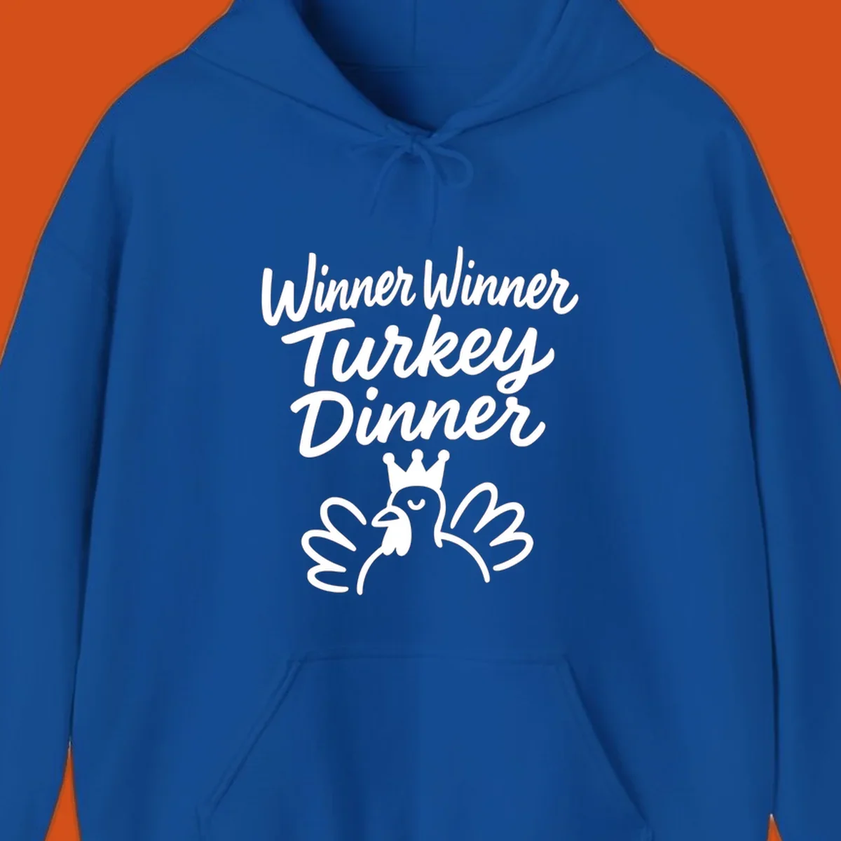 Winner winner turkey dinner text with a crowned turkey illustration.