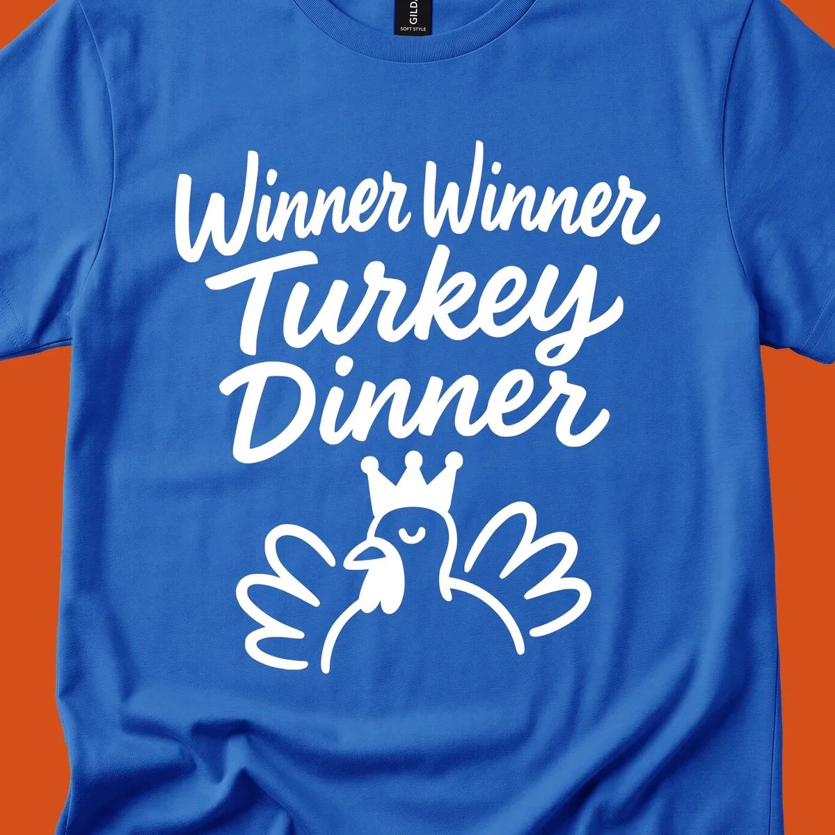 Winner winner turkey dinner text with a crowned turkey illustration.