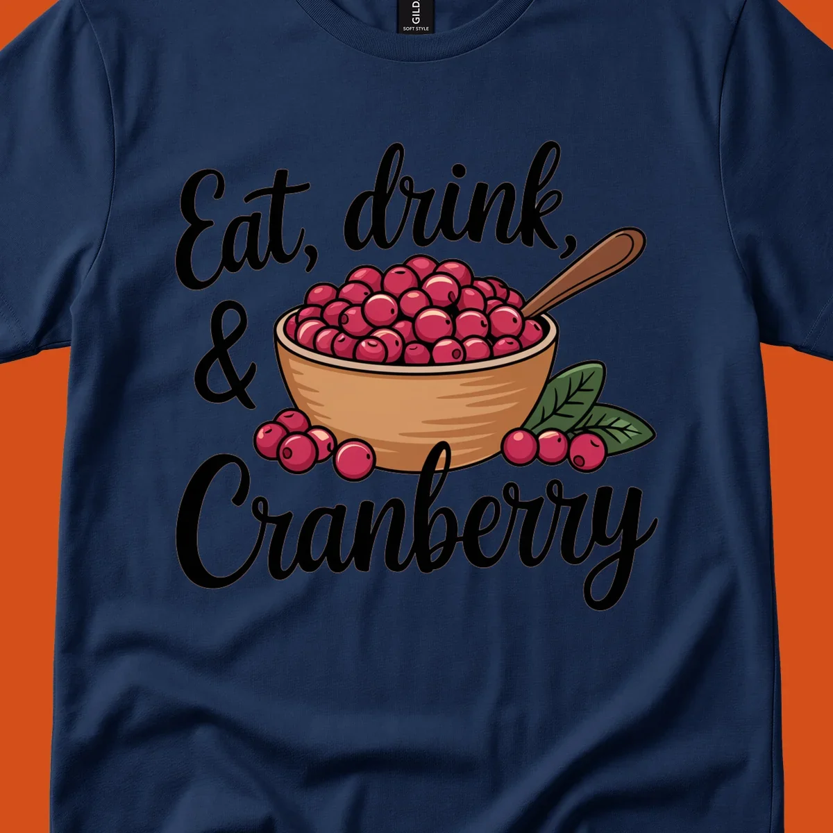 Eat, drink, cranberry text with illustration of a bowl of cranberries